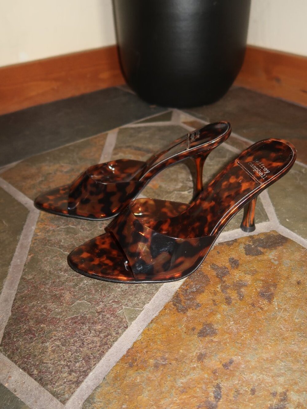 Jeffrey Campbell Agent Tortoise Vinyl Peep Toe Slide Sandals - Picture 3 of 5